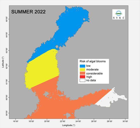 The cyanobacterial bloom risk is considerable in the Gulf of Finland, the Archipelago Sea and the southern parts of the Bothnian Sea. In the Bay of Bothnia, the risk is still low. 